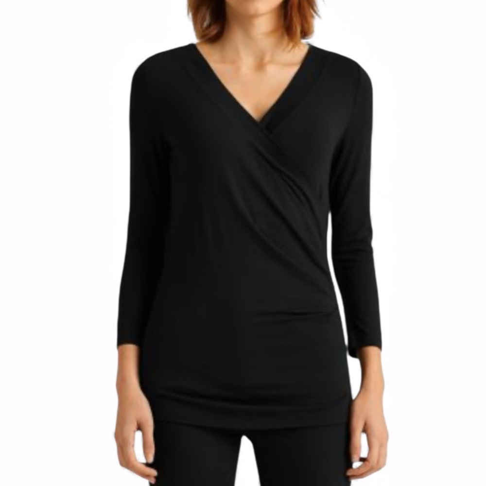 Simply Styled 3/4 Sleeve V-Neck Wrap Style Crossover Top Black Size XL EUC